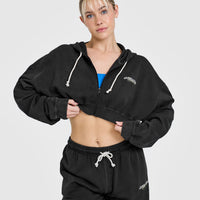 Raw Lounge Crop Zip Through Hoodie with Graphic | Washed Black