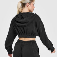 Raw Lounge Crop Zip Through Hoodie with Graphic | Washed Black