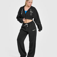 Raw Lounge Crop Zip Through Hoodie with Graphic | Washed Black