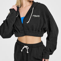 Raw Lounge Crop Zip Through Hoodie with Graphic | Washed Black