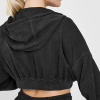 Raw Lounge Crop Zip Through Hoodie with Graphic | Washed Black