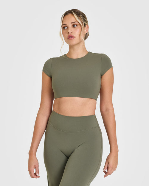 Oner Modal SoftMotion™ Short Sleeve Crop Top with White Logo | Alpine Green