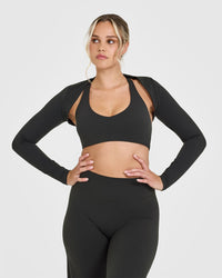 SoftMotion™ Long Sleeve Shrug with White Logo | Soft Black
