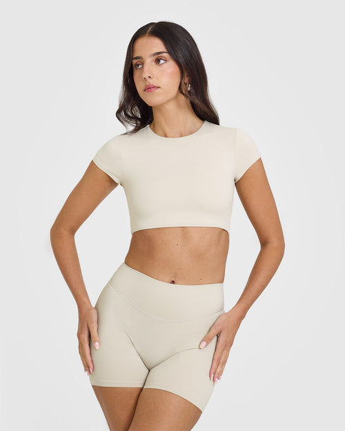 Oner Modal SoftMotion™ Short Sleeve Crop Top with White Logo | Sand