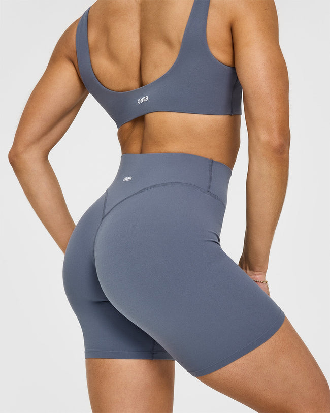 SoftMotion™ Cycling Shorts 8" with White Logo | Granite Blue