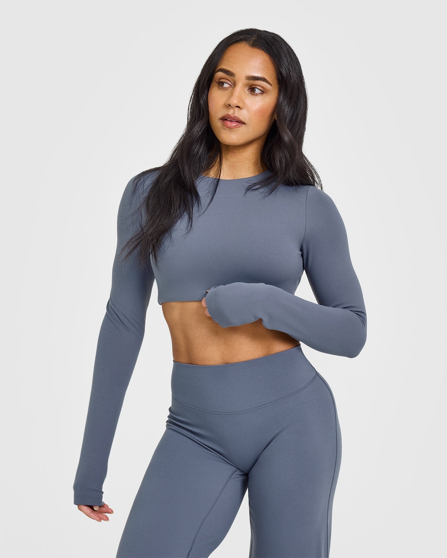 SoftMotion™ Long Sleeve Crop Top with White Logo | Granite Blue