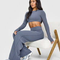 SoftMotion™ Long Sleeve Crop Top with White Logo | Granite Blue