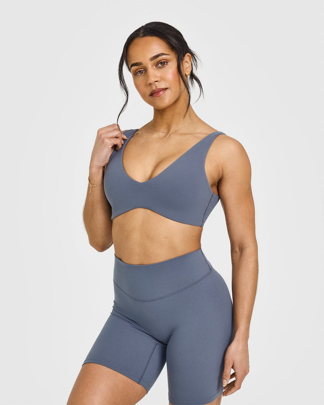 SoftMotion™ Scoop Back Bralette with White Logo | Granite Blue