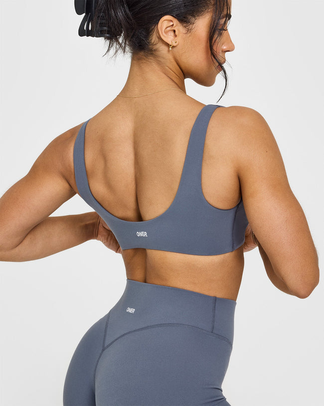 SoftMotion™ Scoop Back Bralette with White Logo | Granite Blue