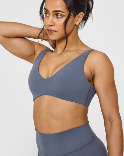 SoftMotion™ Scoop Back Bralette with White Logo | Granite Blue