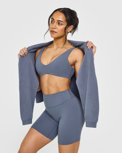 SoftMotion™ Scoop Back Bralette with White Logo | Granite Blue