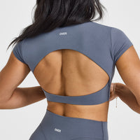 SoftMotion™ Short Sleeve Crop Top with White Logo | Granite Blue