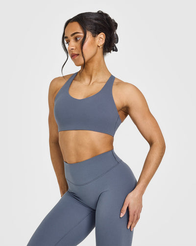 SoftMotion™ Sports Bra with White Logo | Granite Blue