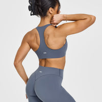 SoftMotion™ Sports Bra with White Logo | Granite Blue