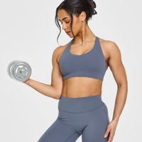 SoftMotion™ Sports Bra with White Logo | Granite Blue