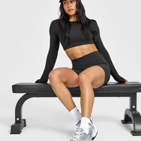 SoftMotion™ Long Sleeve Crop Top with White Logo | Soft Black