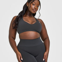 Effortless Seamless Racer Back Sports Bra with White Logo | Coal