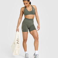 Effortless Seamless Shorts with White Logo | Dark Khaki