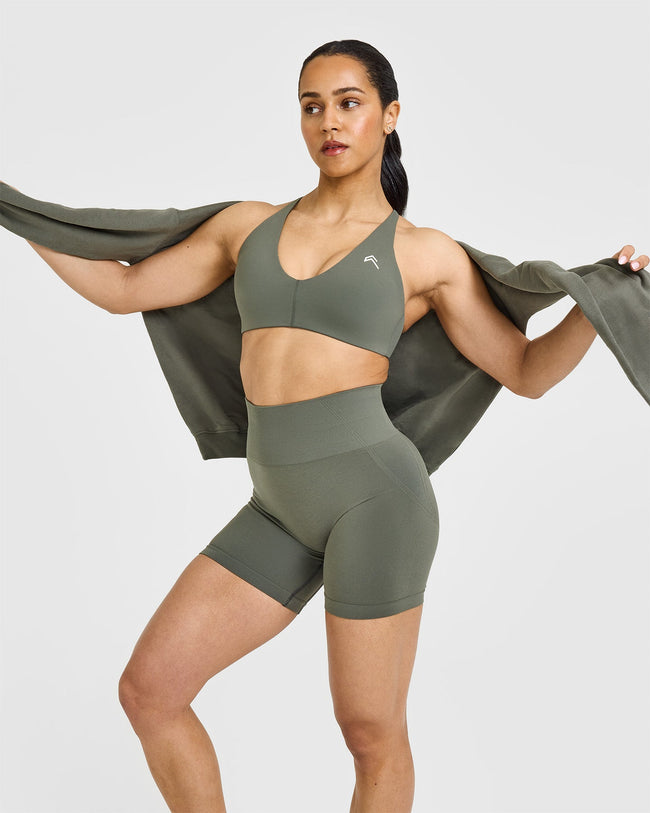 Effortless Seamless Shorts with White Logo | Dark Khaki