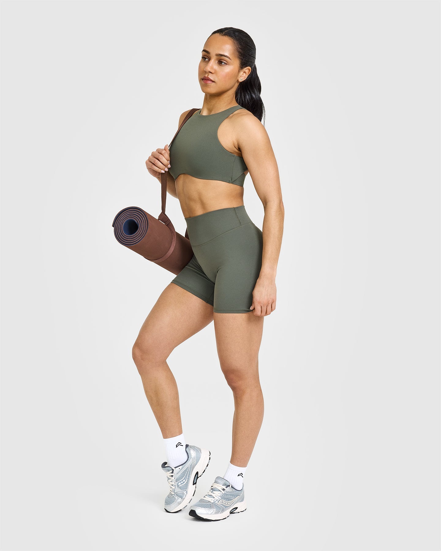 SoftMotion™ High Neck Sports Bra with White Logo | Dark Khaki