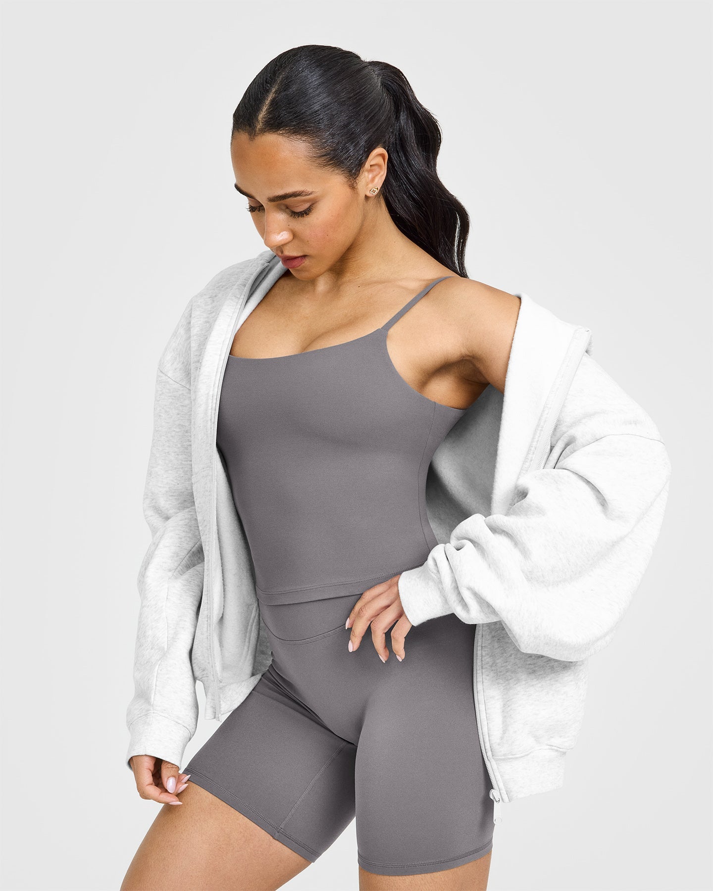 SoftMotion™ Strappy Mid Vest with Built in Bra Shelf with White Logo | Ash Grey
