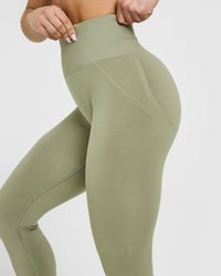 Effortless Seamless Leggings with White Logo | Deep Sage Green
