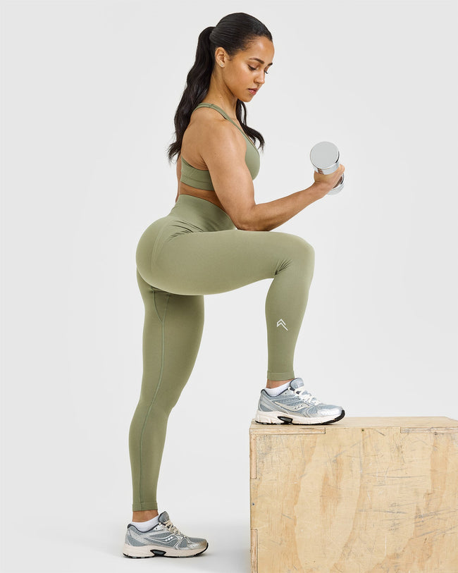 Effortless Seamless Leggings with White Logo | Deep Sage Green