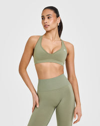 Effortless Seamless Racer Back Sports Bra with White Logo | Deep Sage Green