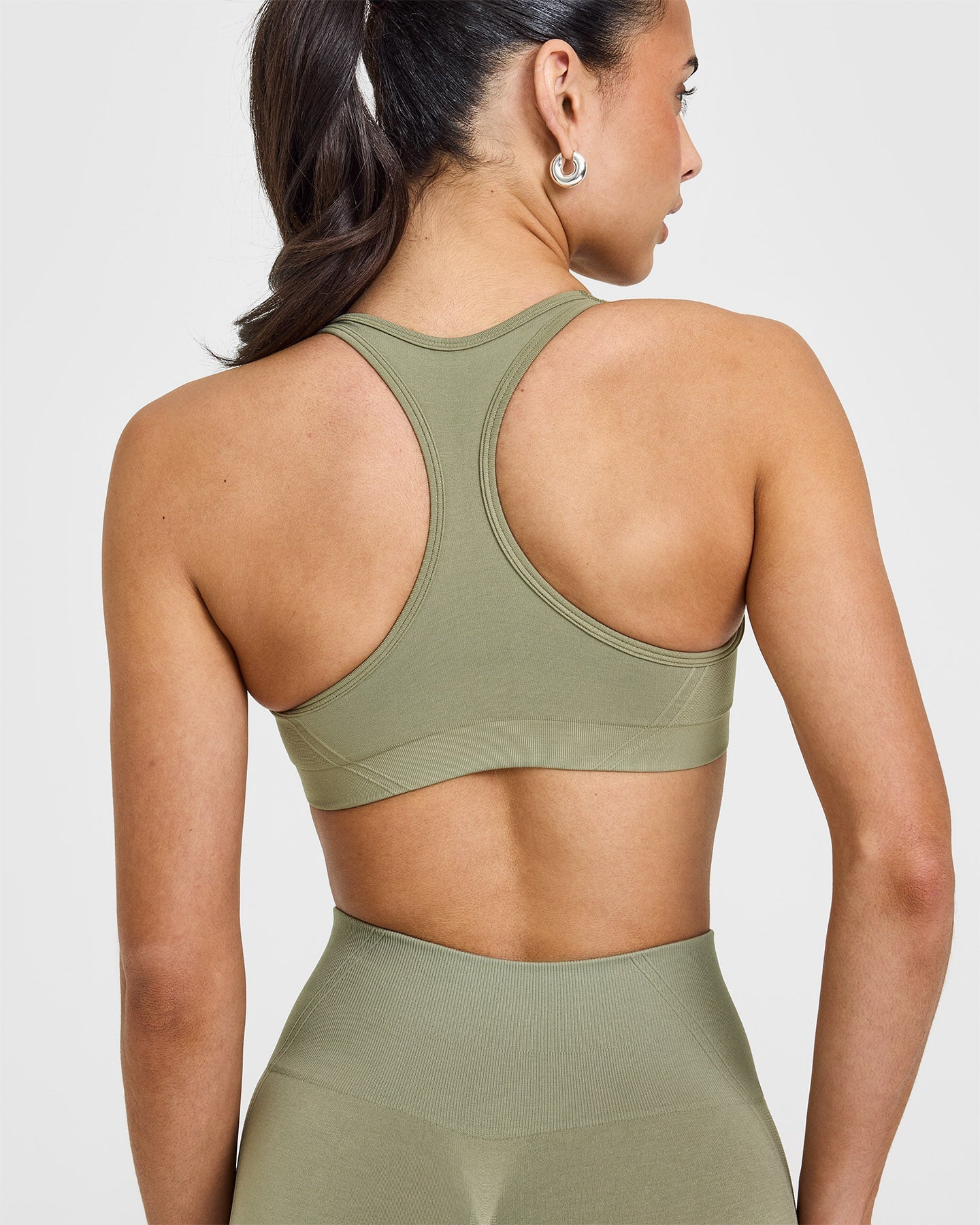Effortless Seamless Racer Back Sports Bra with White Logo | Deep Sage Green