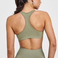 Effortless Seamless Racer Back Sports Bra with White Logo | Deep Sage Green