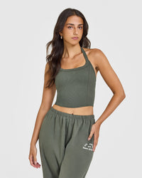 Mellow™ Rib Halter Neck Mid Vest with Built in Bra Shelf | Dark Khaki