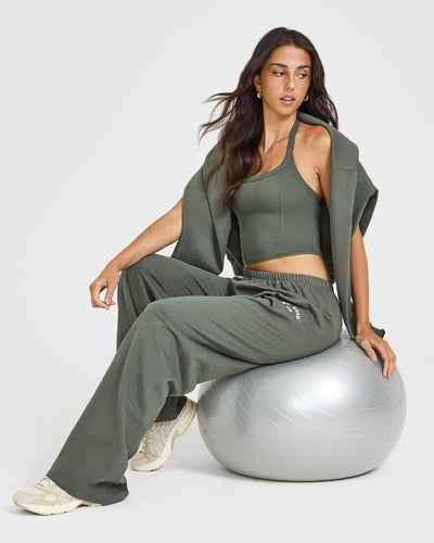 Mellow™ Rib Halter Neck Mid Vest with Built in Bra Shelf | Dark Khaki