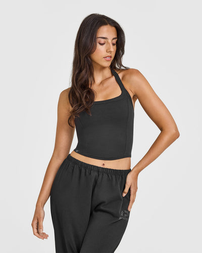 Mellowâ„¢ Rib Halter Neck Mid Vest with Built in Bra Shelf | Soft Black