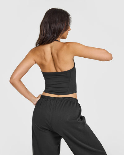 Mellowâ„¢ Rib Halter Neck Mid Vest with Built in Bra Shelf | Soft Black