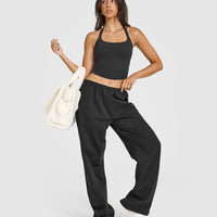 Mellowâ„¢ Rib Halter Neck Mid Vest with Built in Bra Shelf | Soft Black