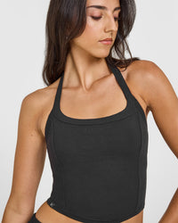 Mellowâ„¢ Rib Halter Neck Mid Vest with Built in Bra Shelf | Soft Black