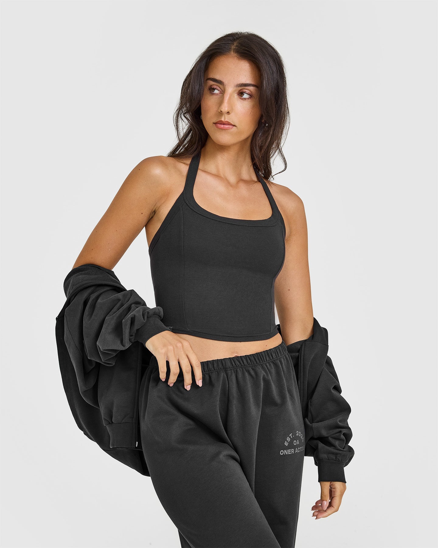 Mellowâ„¢ Rib Halter Neck Mid Vest with Built in Bra Shelf | Soft Black