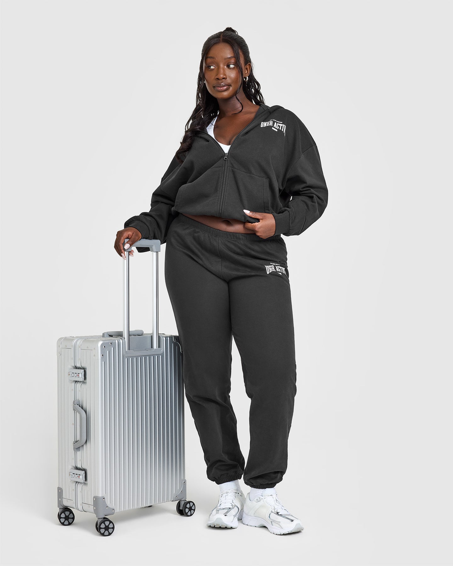 Lightweight Zip Through Hoodie With Athletic Graphic | Soft Black