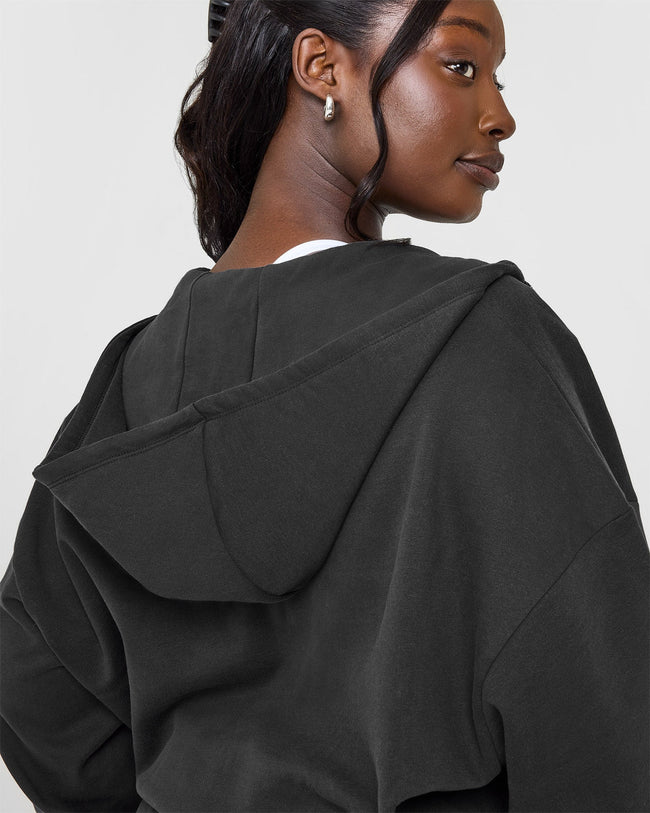 Lightweight Zip Through Hoodie With Athletic Graphic | Soft Black