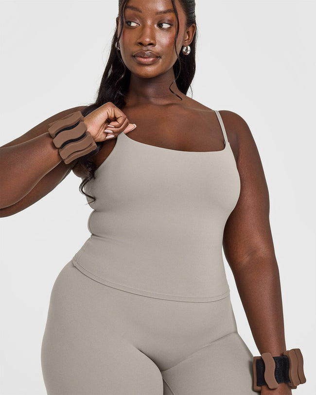 SoftMotion™ Strappy Mid Vest with Built in Bra Shelf with White Logo | Warm Sand