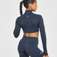 EnhanceLift™ Seamless Crop Jacket with White Logo | True Blue