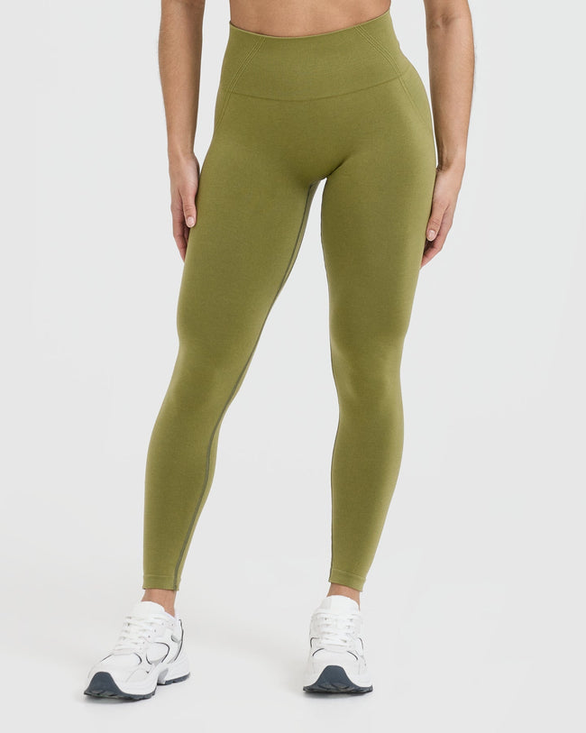 Effortless Seamless Leggings with White Logo | Olive Green