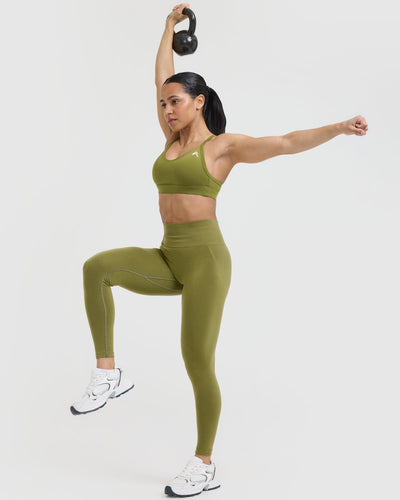 Effortless Seamless Leggings with White Logo | Olive Green