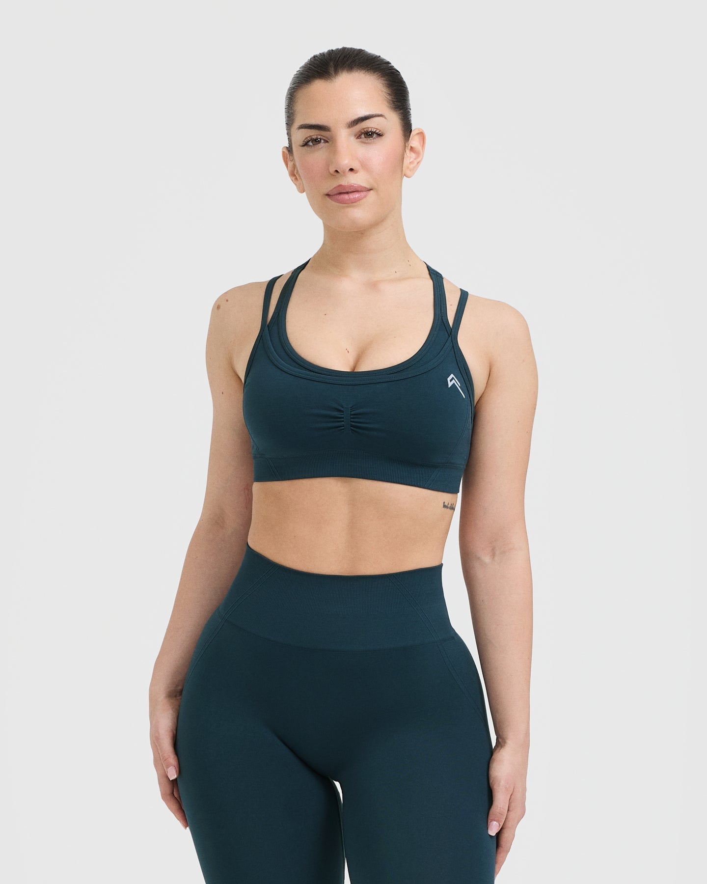 Effortless Seamless Layered Sports Bra with White Logo | Oil Blue