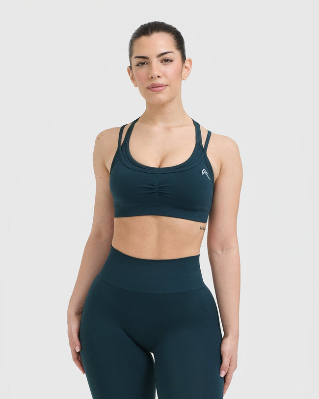 Effortless Seamless Layered Sports Bra with White Logo | Oil Blue