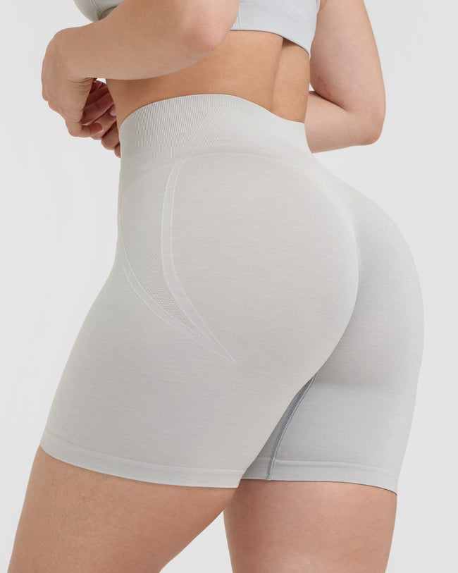 Effortless Seamless Shorts with White Logo | Light Grey Marl
