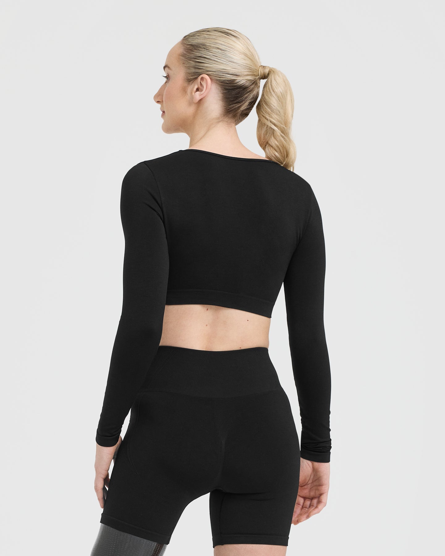 Effortless Square Neck Crop Long Sleeve Top with White Logo | Black