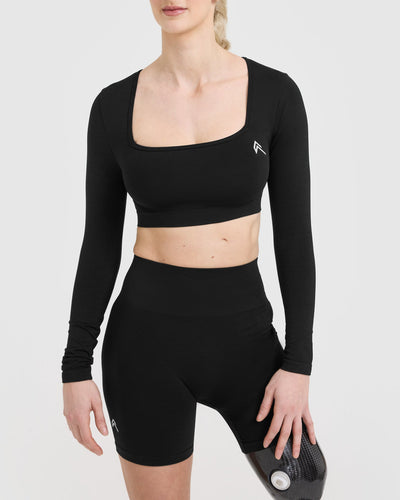 Effortless Square Neck Crop Long Sleeve Top with White Logo | Black