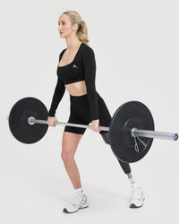 Effortless Square Neck Crop Long Sleeve Top with White Logo | Black