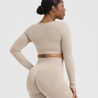 Effortless Square Neck Crop Long Sleeve Top with White Logo | Mushroom Brown